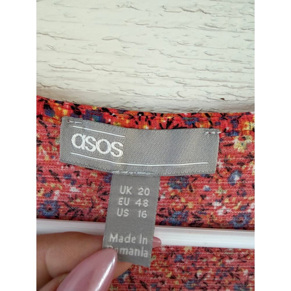 ASOS Floral Long Sleeve Midi Dress Red Orange Boho Size US 16 - Picture 5 of 8